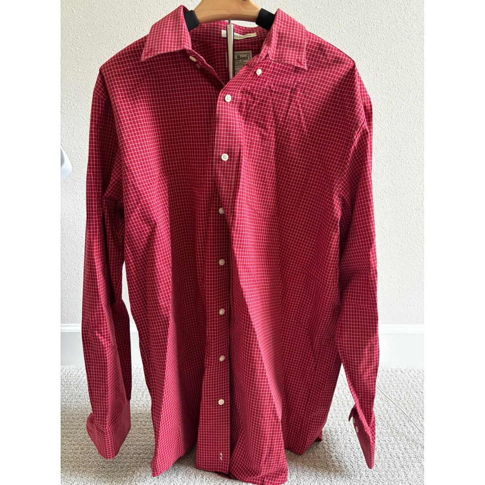 L.L. Bean Button Down Shirt L-Tall Red Micro Grid Wrinkle Resistant Cotton